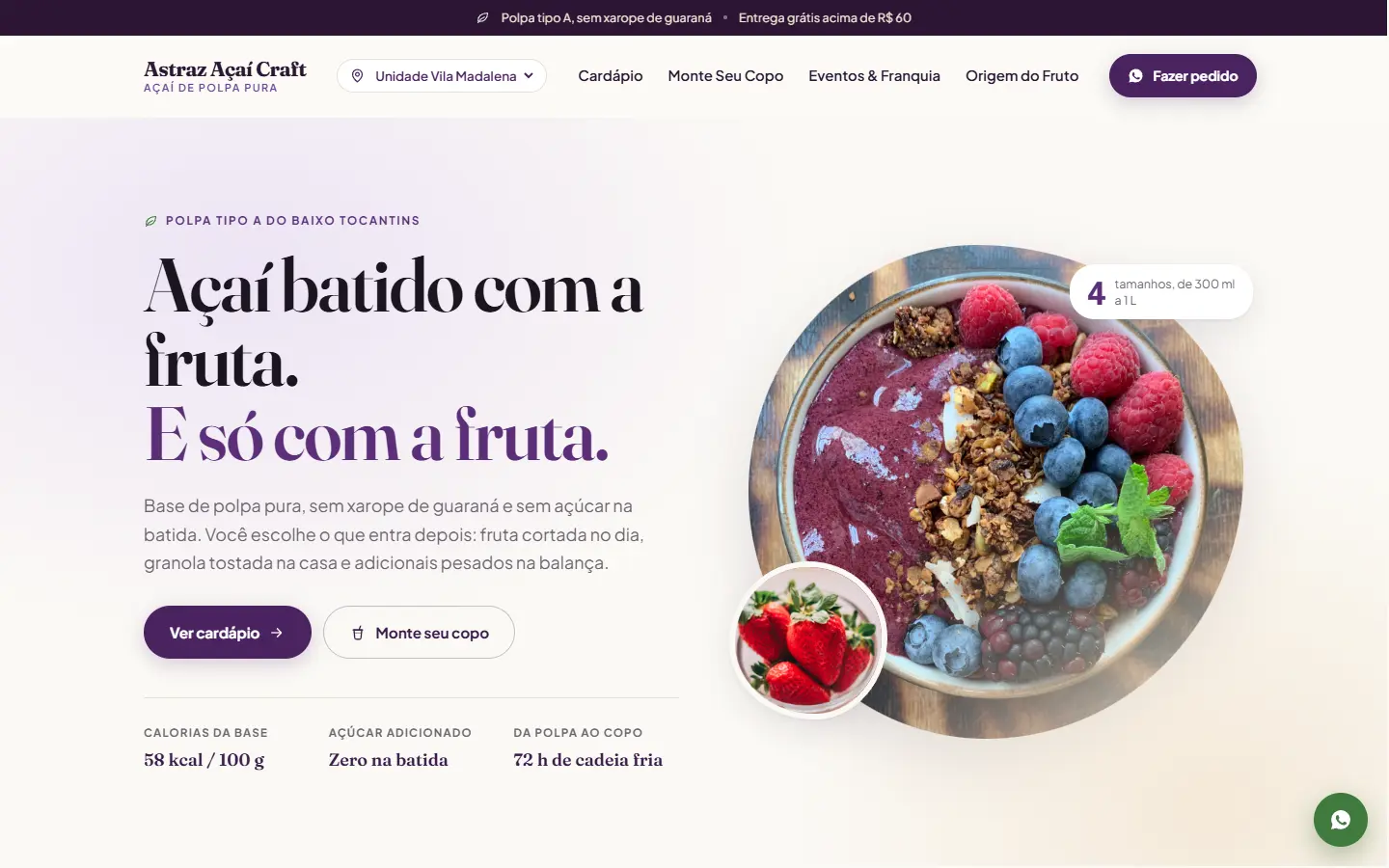 Página inicial do modelo Açaí Craft